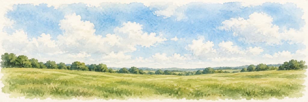 Watercolor of a sunlit meadow under soft clouds