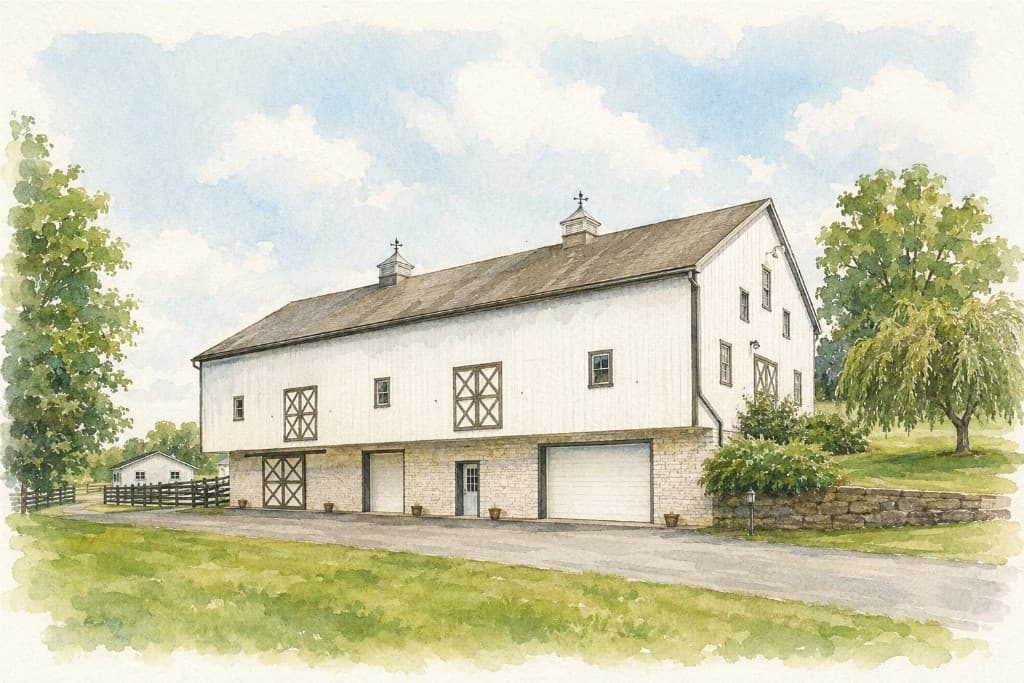 Watercolor illustration of The Greenhouse Campus barn in Manheim, Pennsylvania